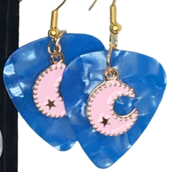 𝅺2 PAIR Earrings Recycled Guitar Picks Moon Stars Celestial Theme - Picture 2 of 5